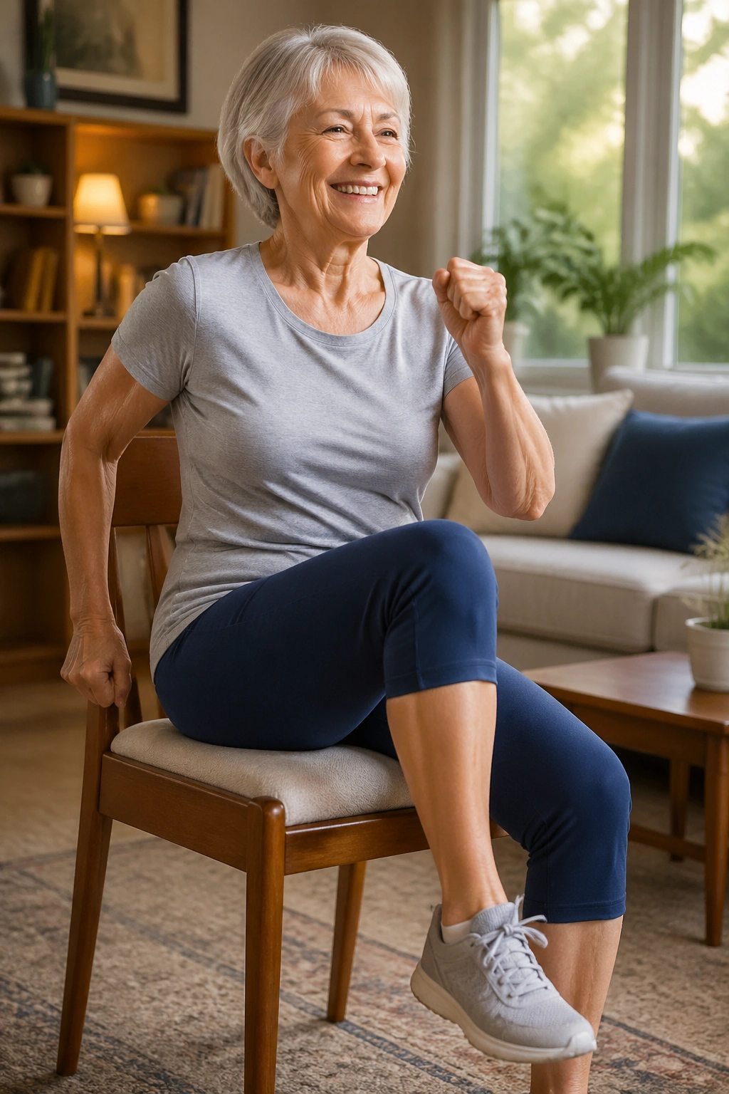 Real person performing seated marches with arm swings in a chair.