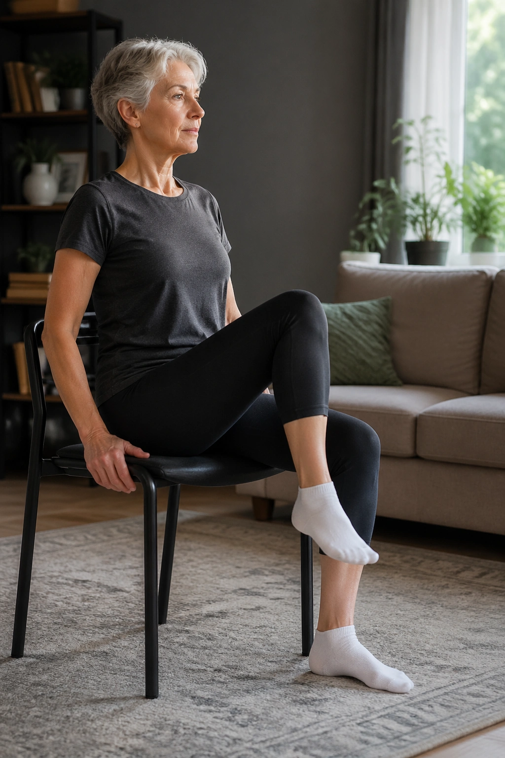 Real person seated in a chair performing seated marching to engage core.