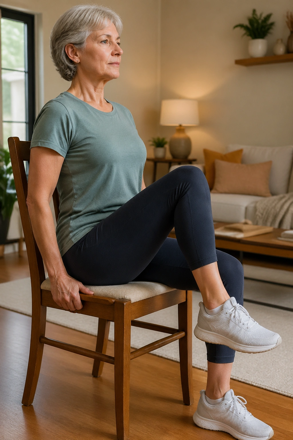 Medium close-up of seated person performing seated marches to rebuild hip control
