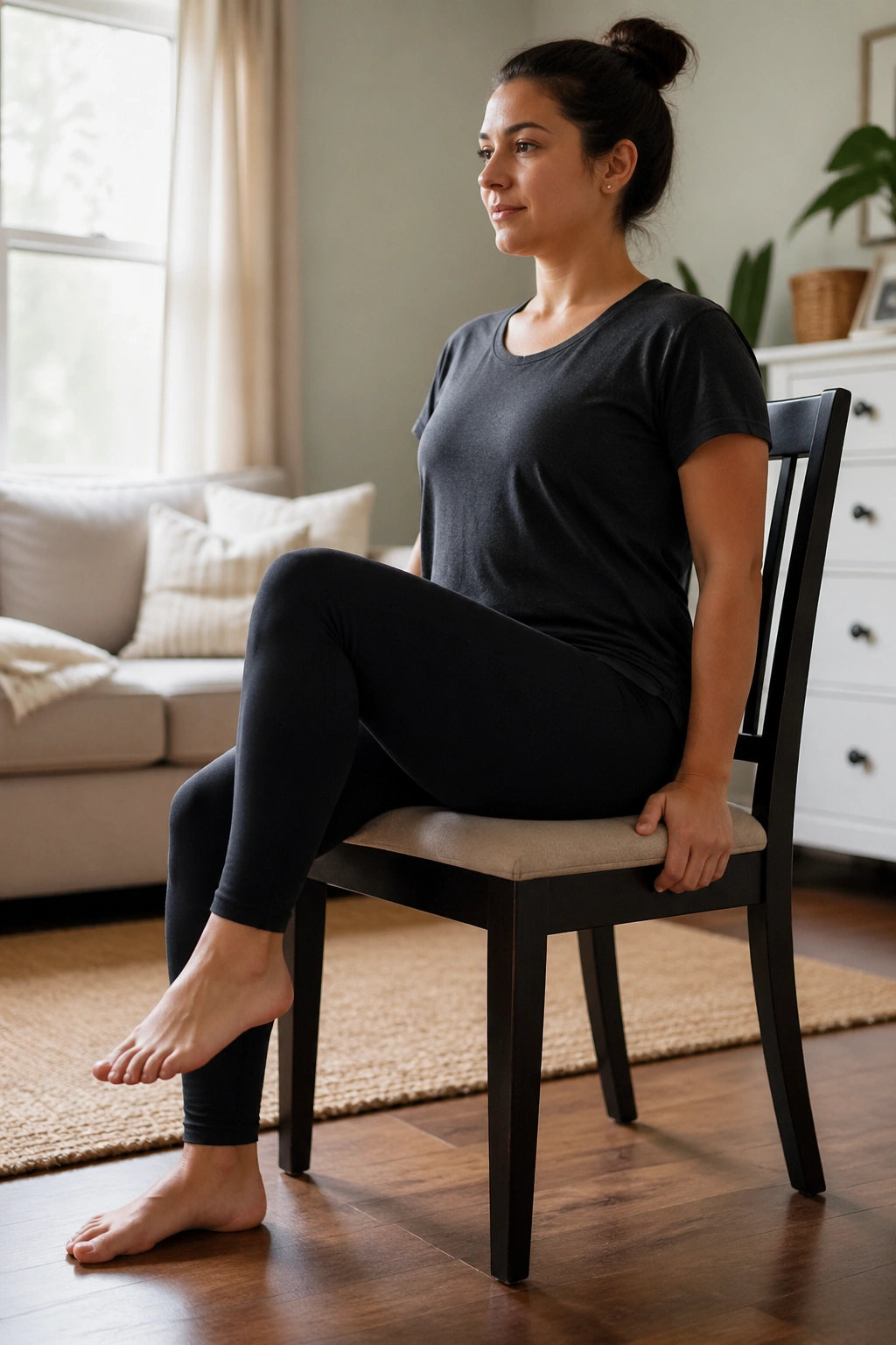 Postpartum woman seated and marching in place in a chair