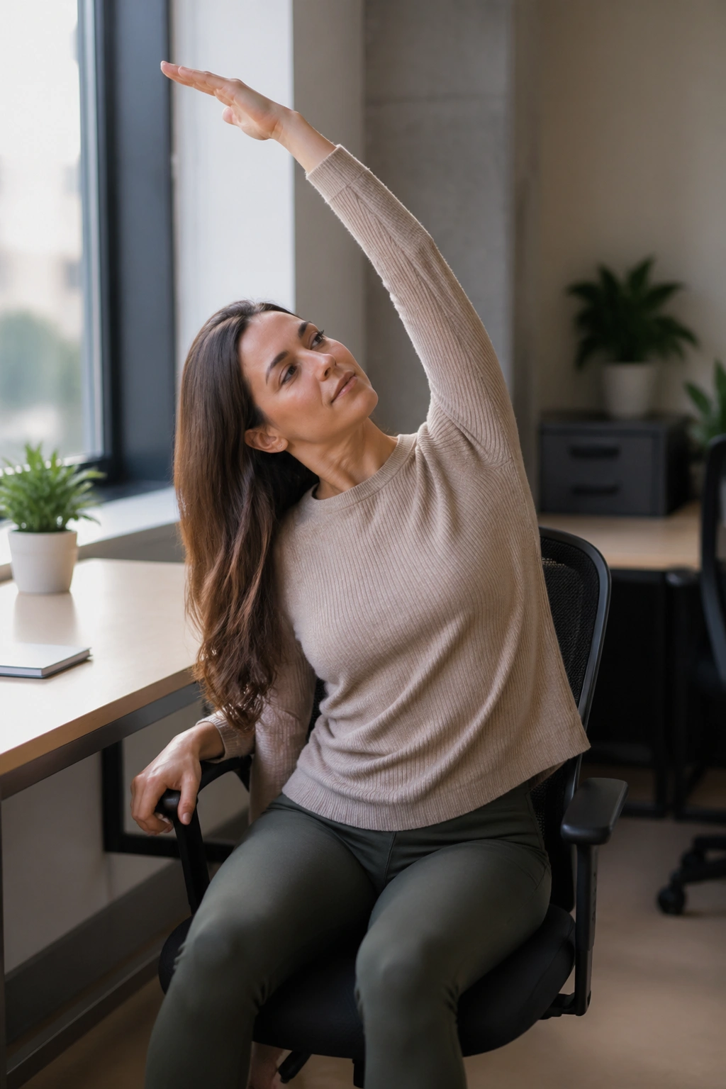 Seated mermaid side bend stretching the ribs, in an office setting