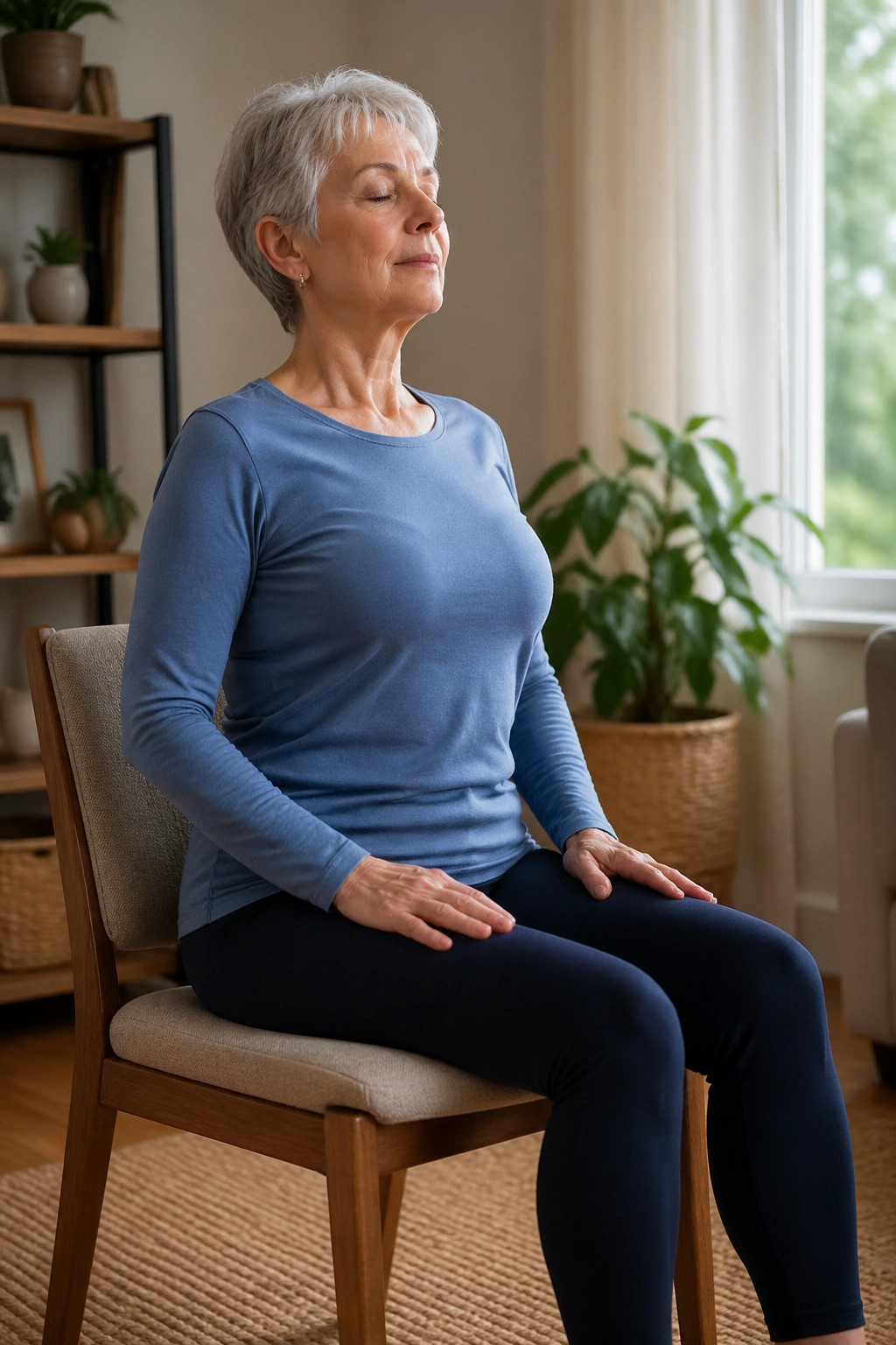 Senior seated posture reset on chair to improve spine length and hip alignment