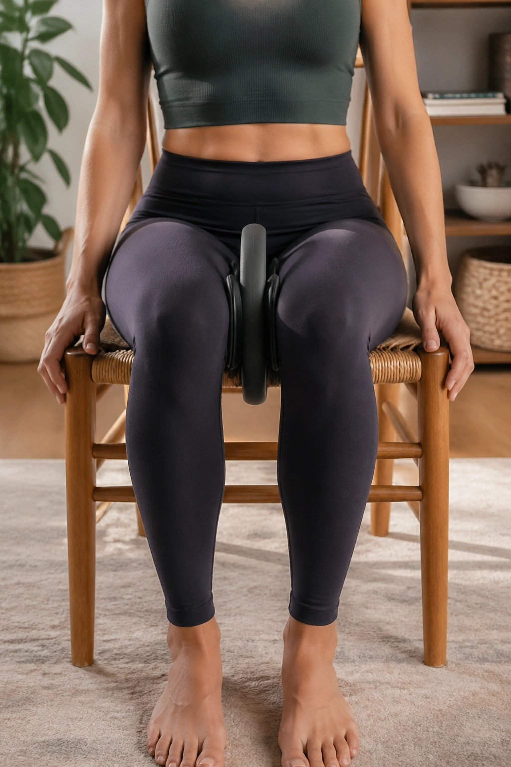 Close-up of a real person seated and squeezing a Pilates ring between inner thighs