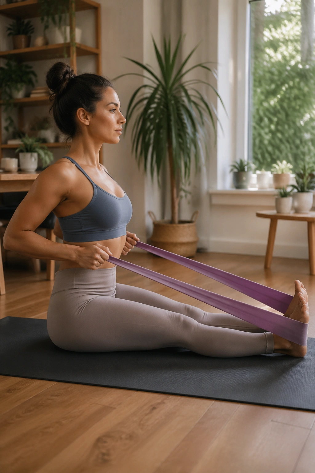Real person performing Seated Row and Spine Stretch Combo in a home setting