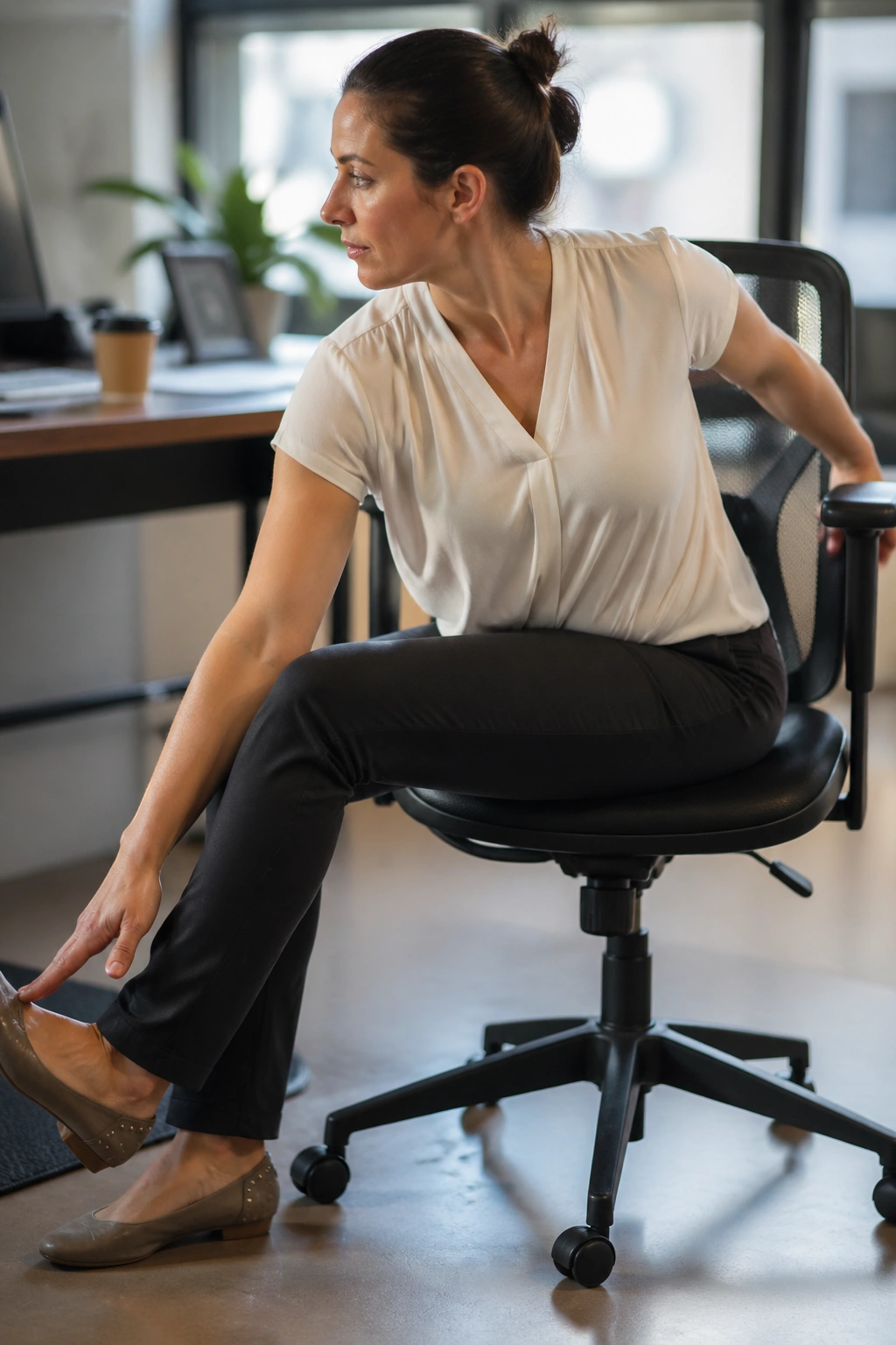 Seated saw twist with arm extended toward foot in an office chair