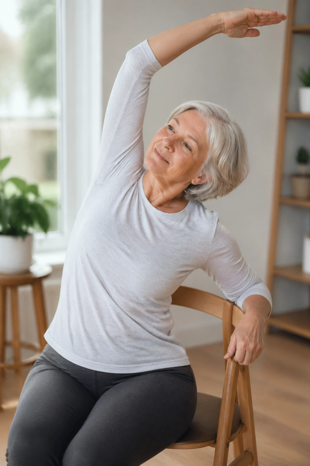 Senior performing seated side bend with hand on chair.