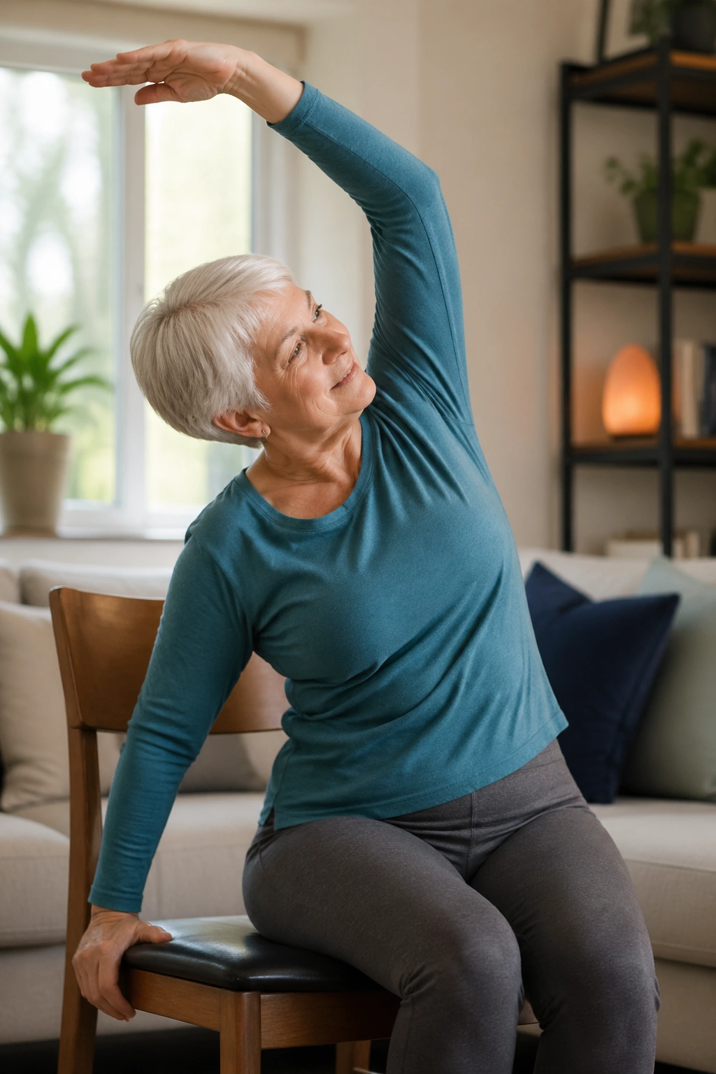 Senior performing seated side bend in chair