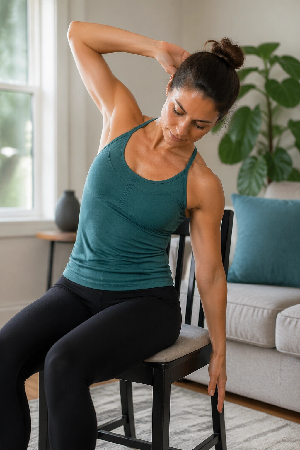 Real person performing seated side bends in a chair