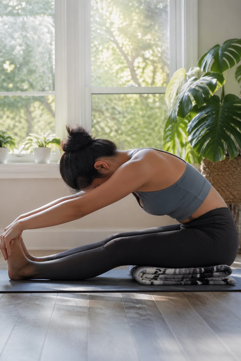 Person seated and folding forward in Seated Spine Stretch Forward in a home space.