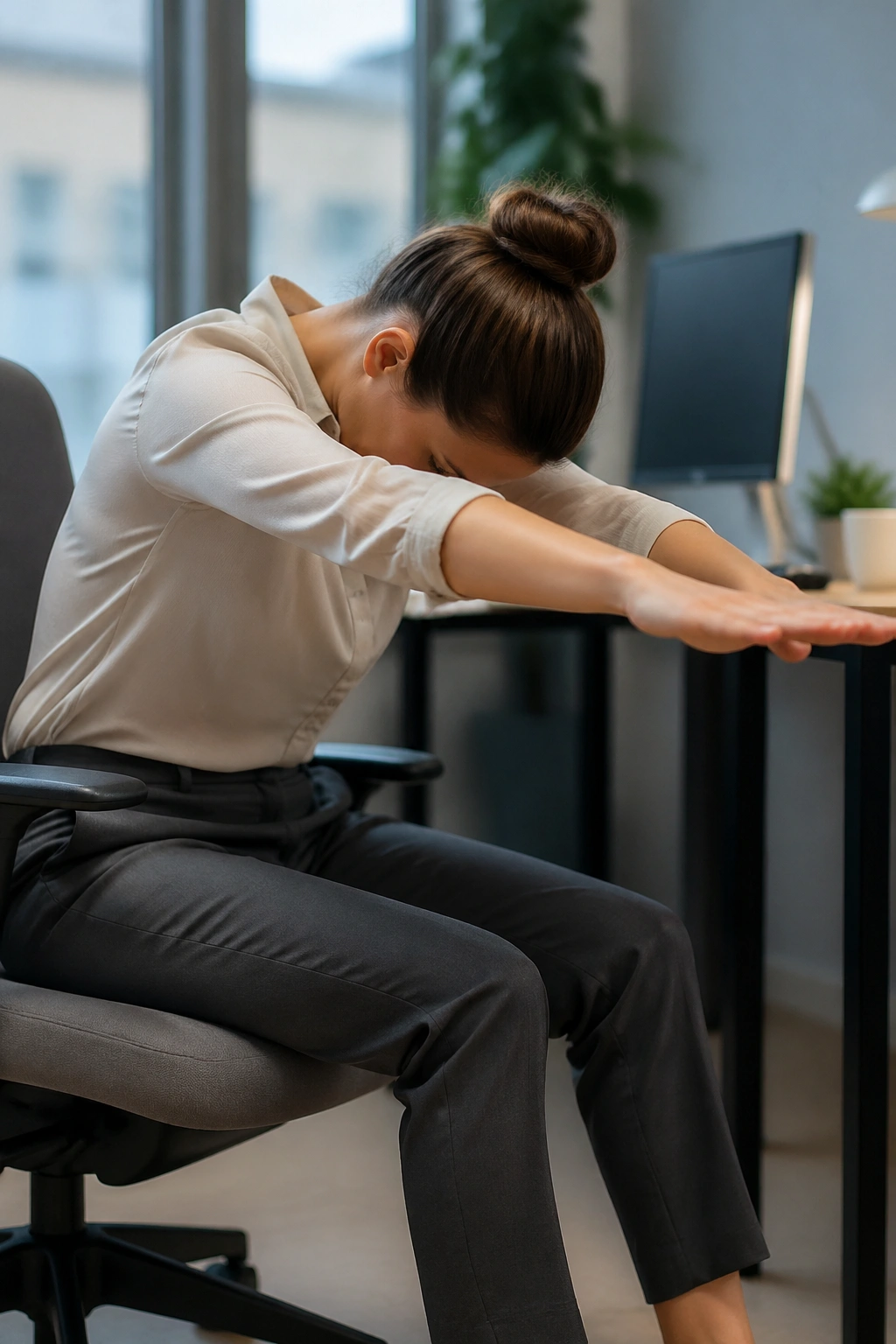 Close-up of a real office worker performing Seated Spine Stretch Forward in an office chair