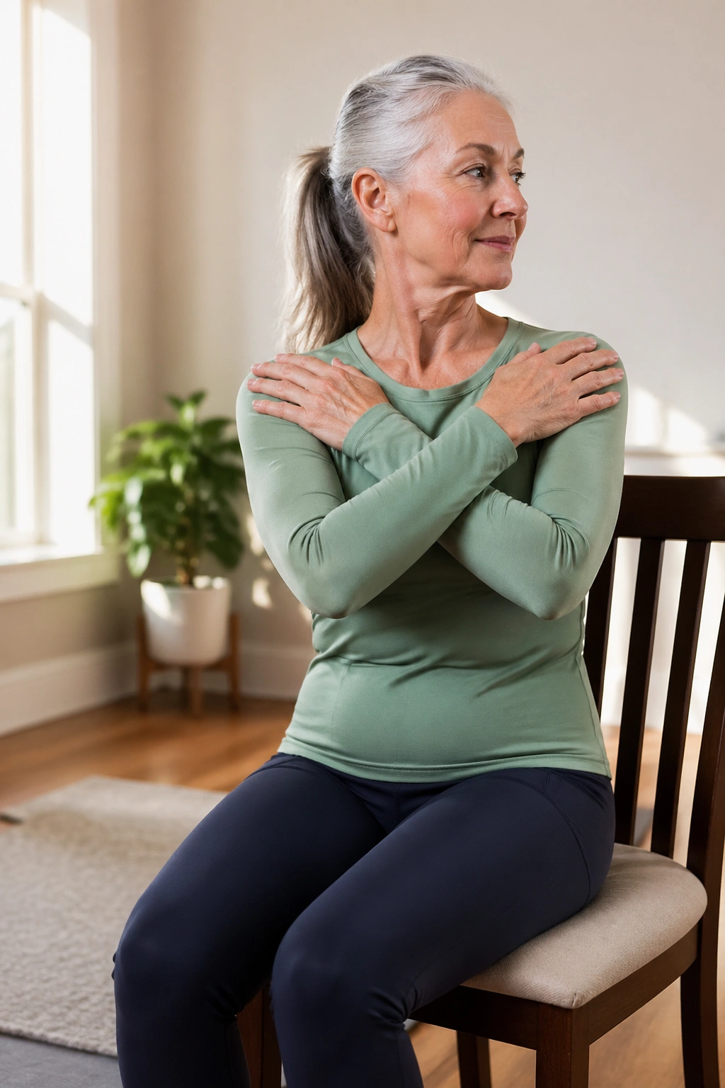 Person performing seated spine twist with a tall back