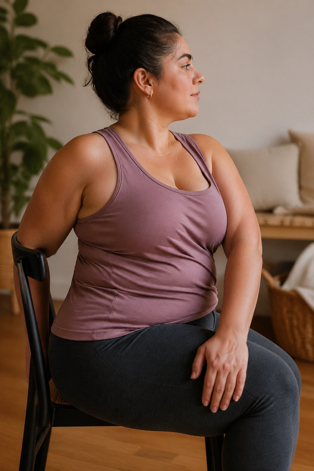 Real woman performing seated spine twist on a chair for tall posture.