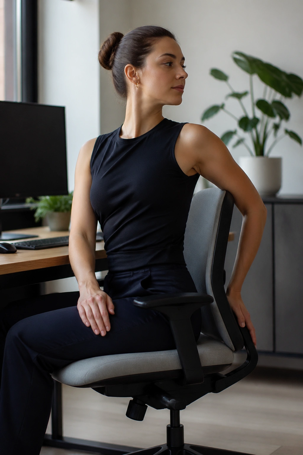 Side profile of a real person performing Seated Spine Twist for a Slumped Upper Back