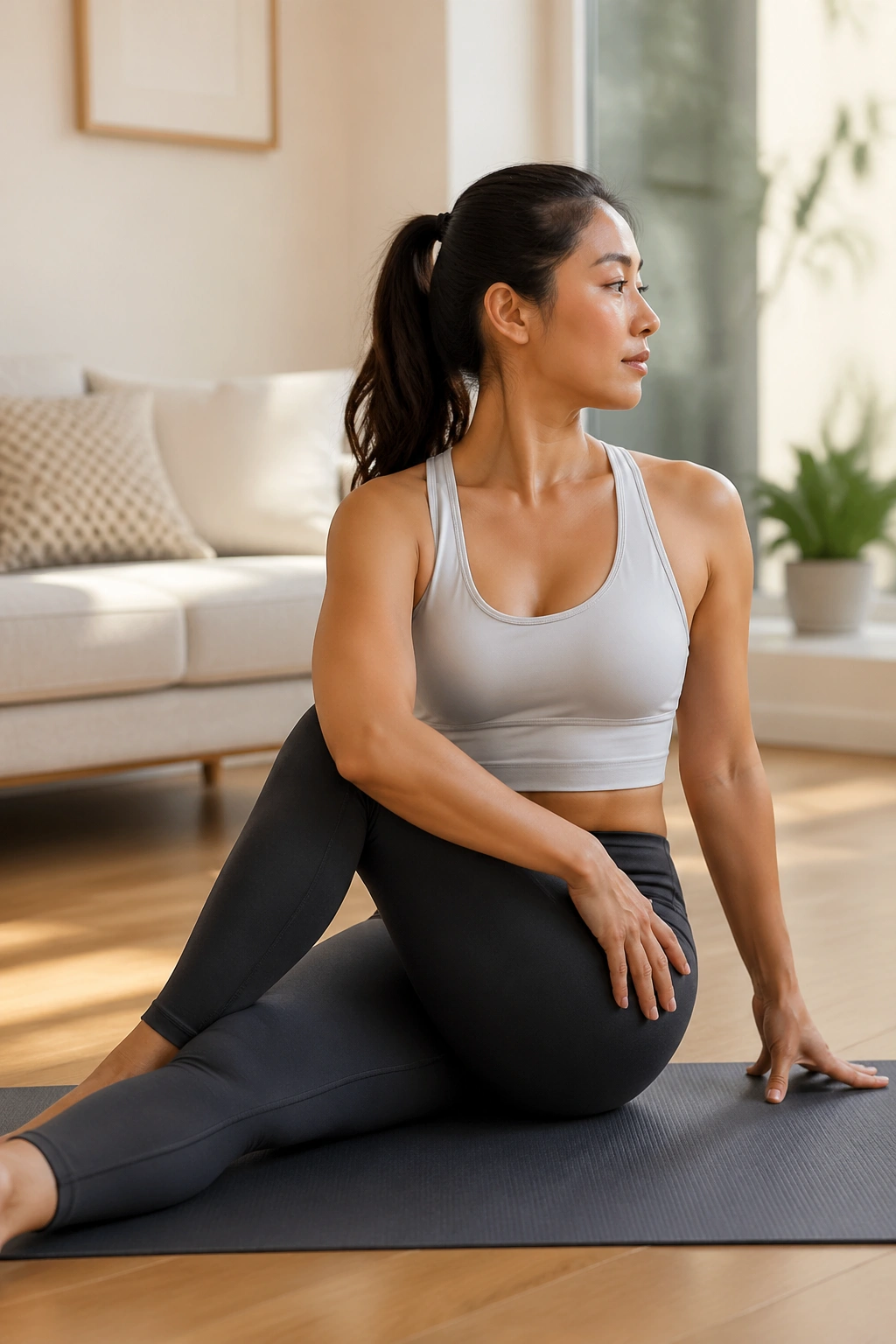 Real person seated tall twisting torso to one side for controlled rotation