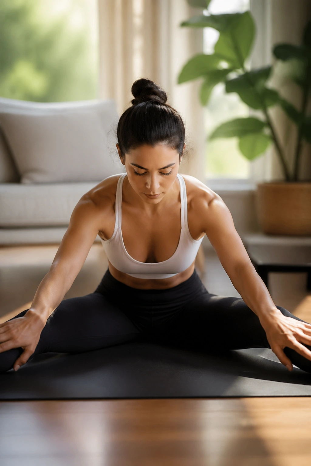 Close-up of a real person performing a seated straddle fold on a yoga mat in a cozy living room