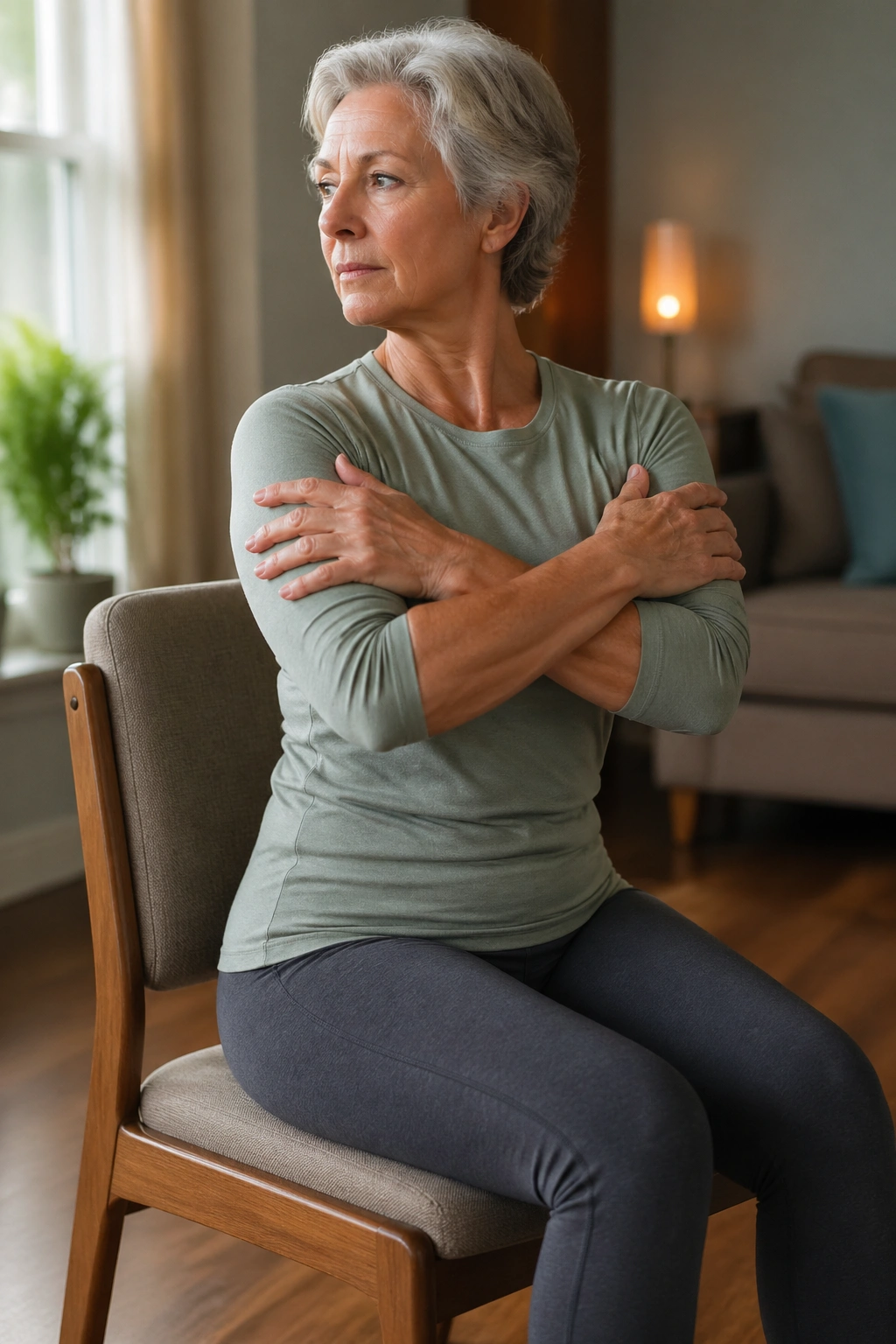Senior performing Seated Spine Twist on a chair in a cozy living room