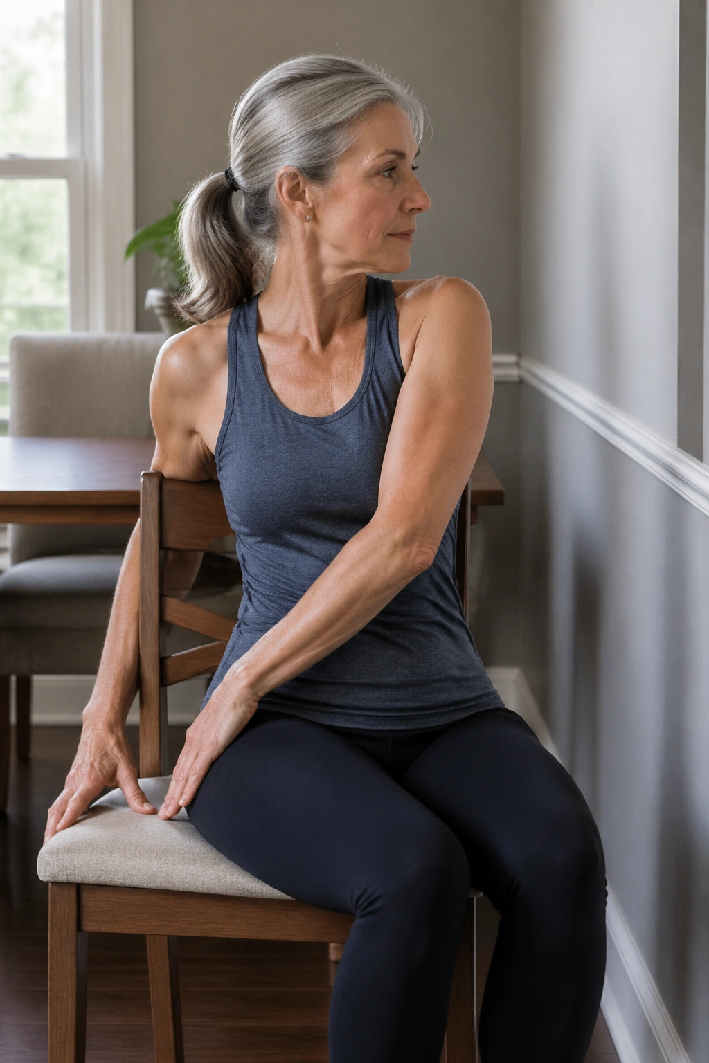 Real person seated performing wall spine twist