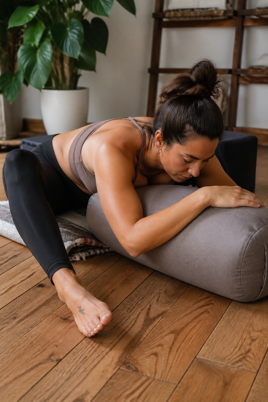 Close-up of a real person performing Seated Wide-Leg Fold With Bent Knees in a cozy home yoga space.