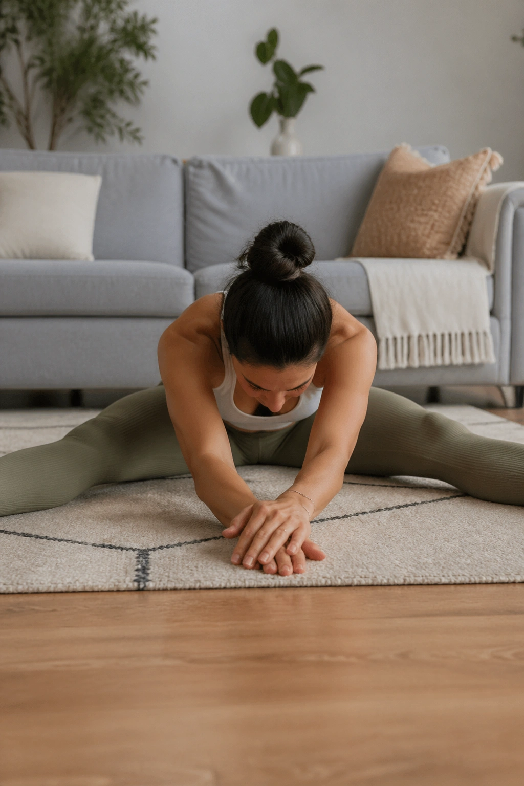 Seated wide-leg forward fold showing inner thighs and hamstrings stretch