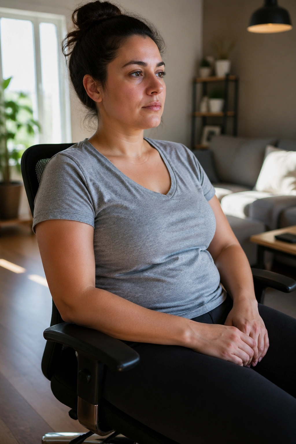 Portrait of a real person seated in a living room chair, illustrating sedentary daily sitting
