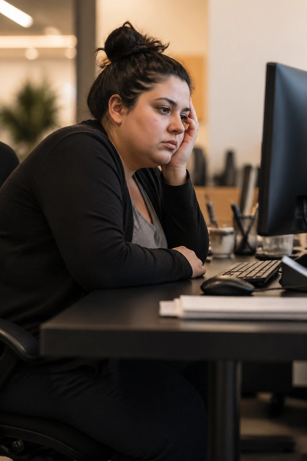 Woman seated at a desk in an office, illustrating a sedentary lifestyle and low daily movement.