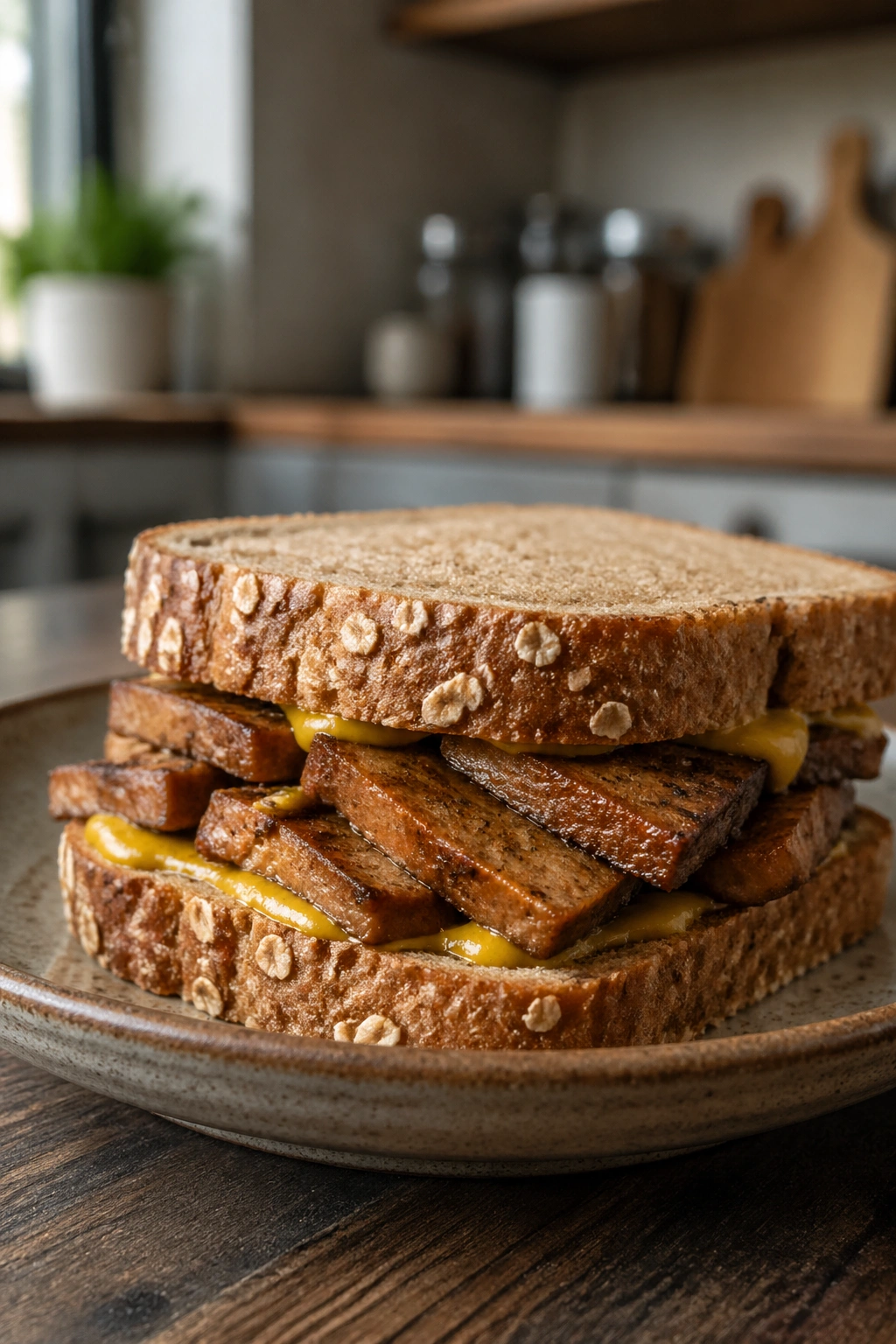 Close-up of seitan sandwich with mustard on rustic plate