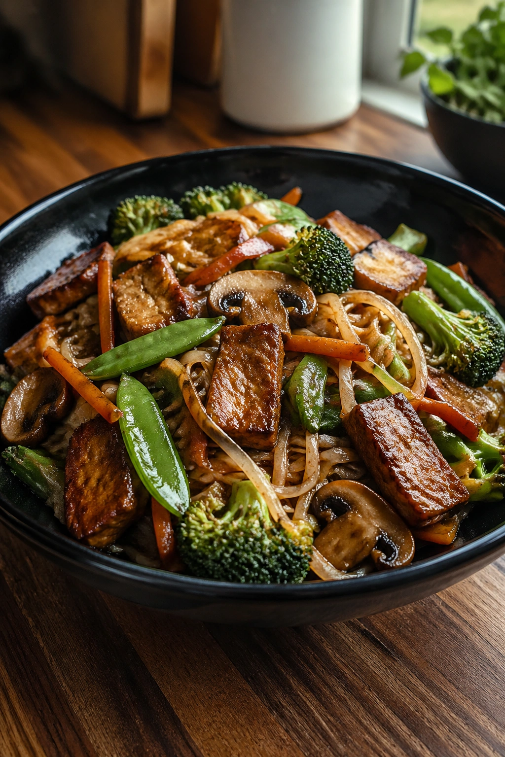 Close-up of seitan veggie stir-fry with rice noodles in a bowl, vibrant vegetables and glossy sauce