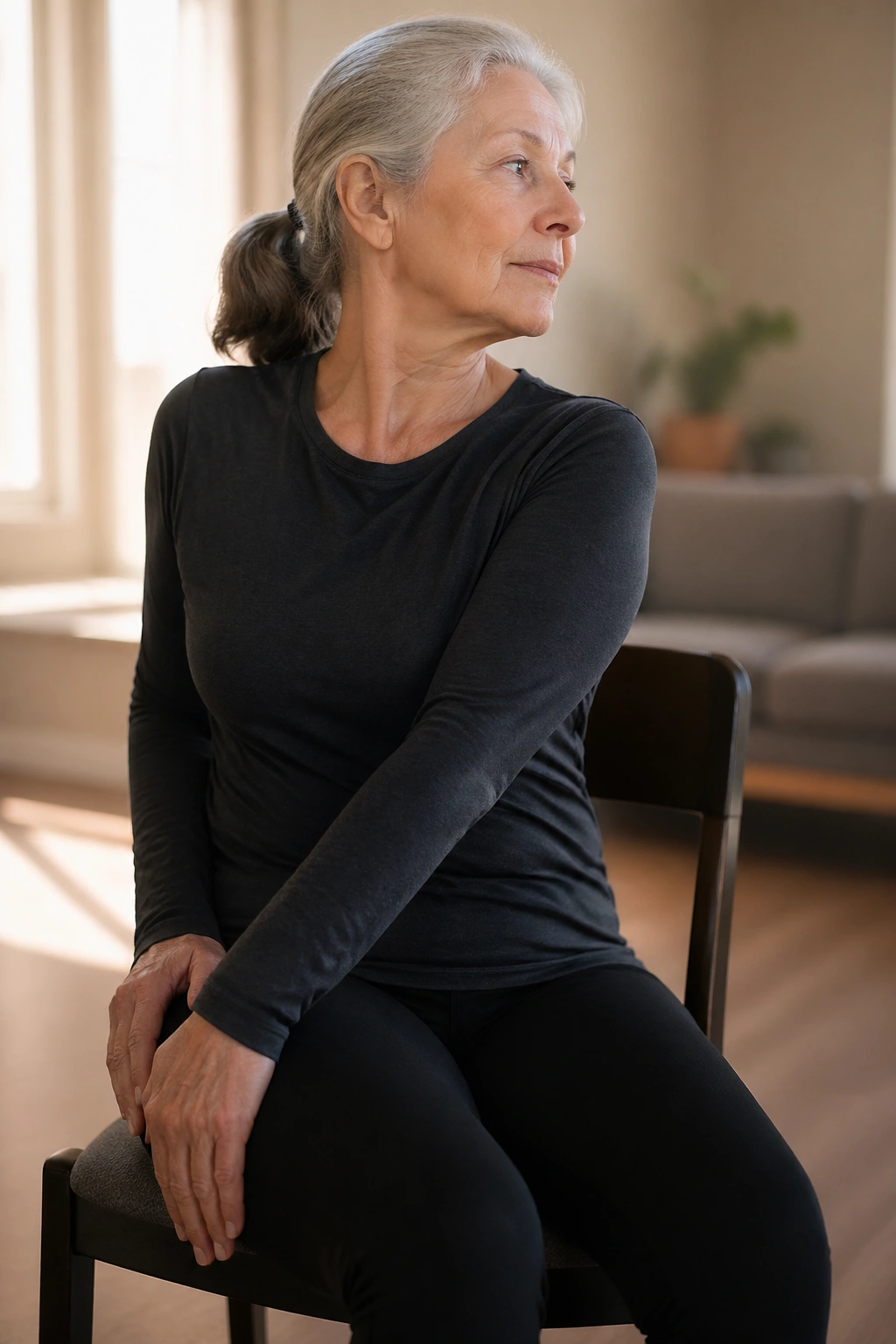 Close-up of a senior performing a gentle seated spine twist in a chair