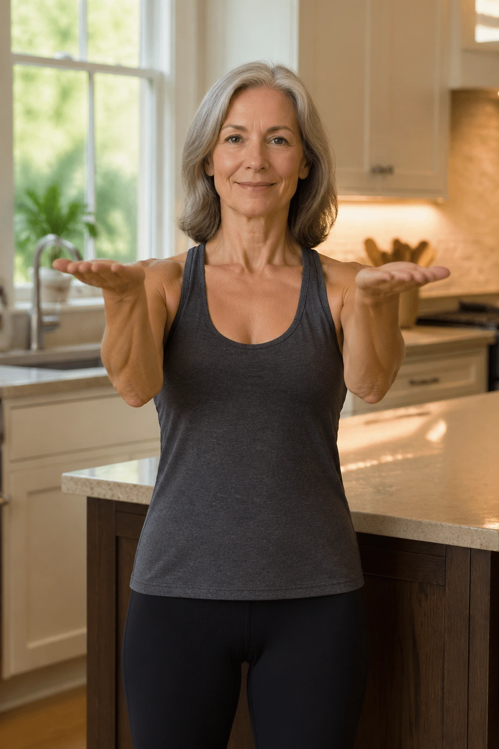 Mid-shot of a person performing serving tray lifts in a kitchen