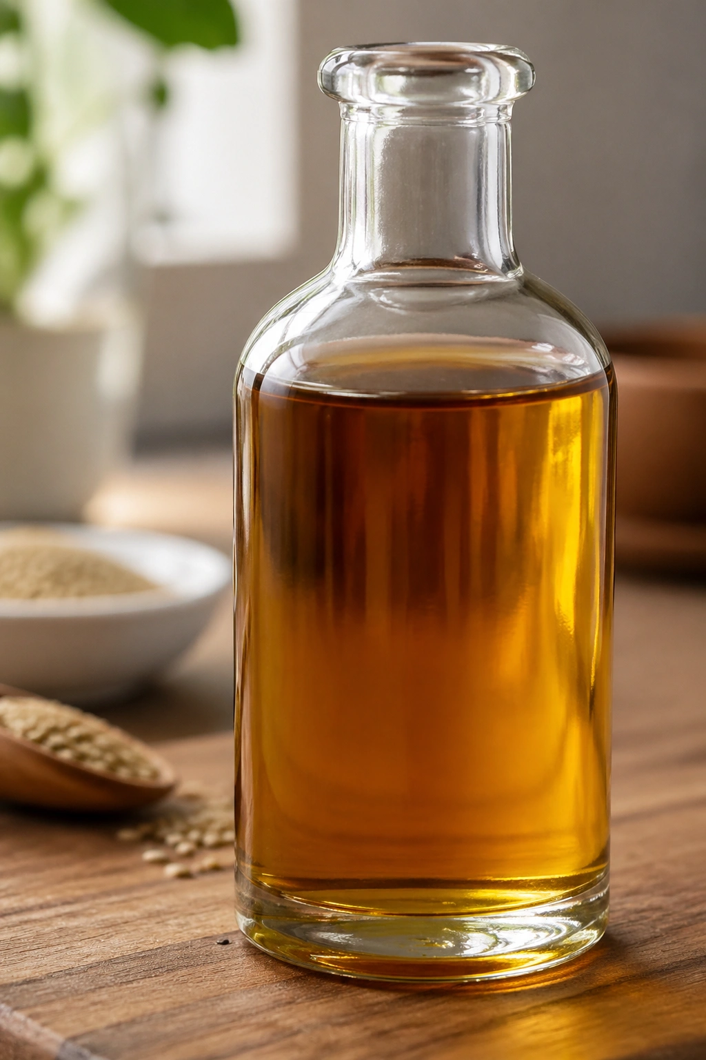 Close-up of a glass sesame oil bottle on a warm kitchen counter with golden oil in view