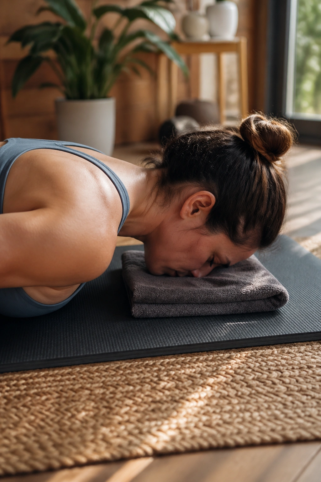 Real person prone on mat with folded towel under forehead demonstrating setup tweak