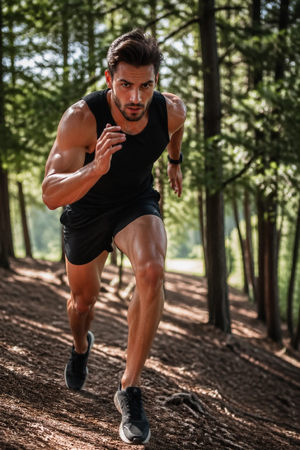 Athlete sprinting uphill on a shaded hill