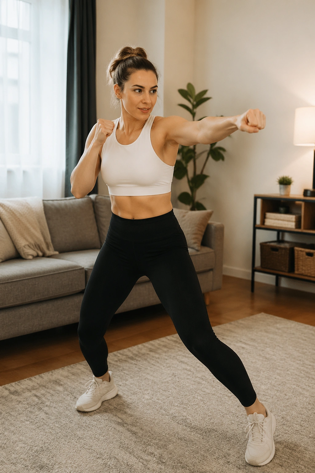 Mid-shot of a person shadow-boxing in a living room