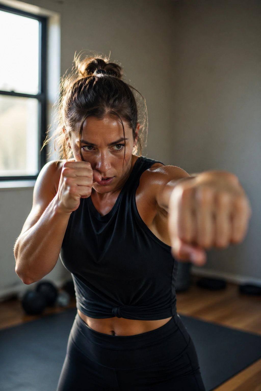 Close-up of a person shadow boxing in a home gym, highlighting rapid arm and shoulder movement