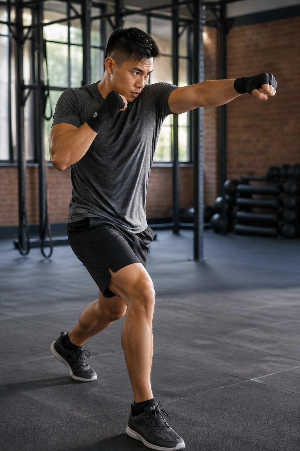 Person shadow boxing in a gym, fists mid-punch and torso rotated