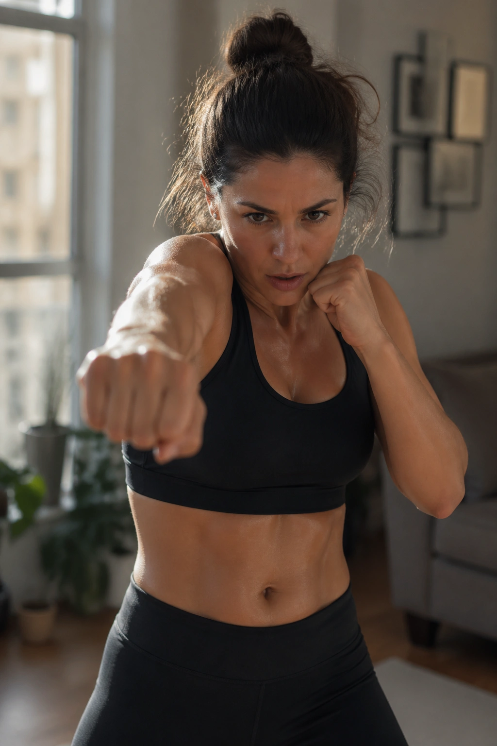 Person shadow boxing in a gym during cardio session
