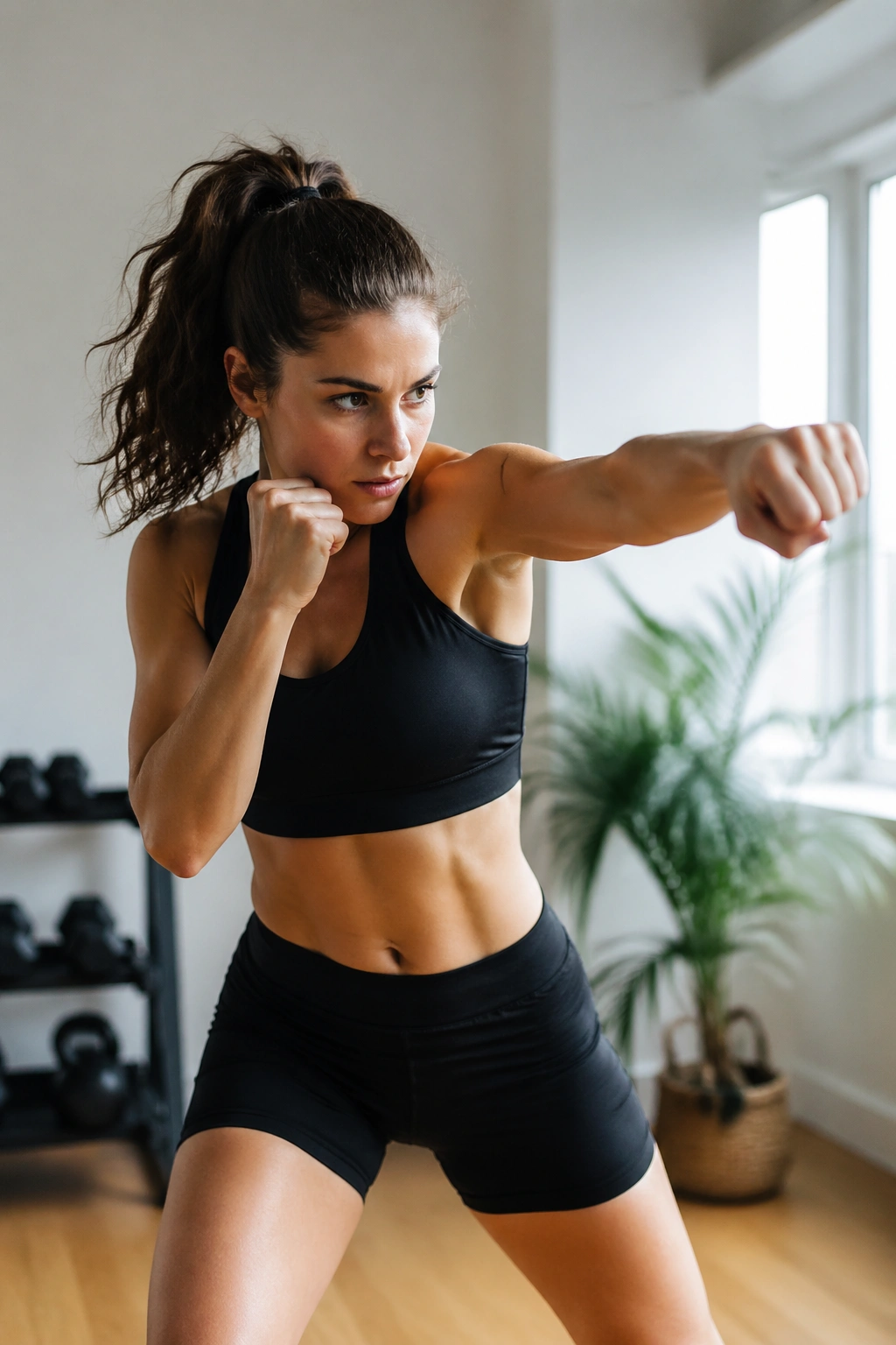 Real person shadow boxing in a home workout space