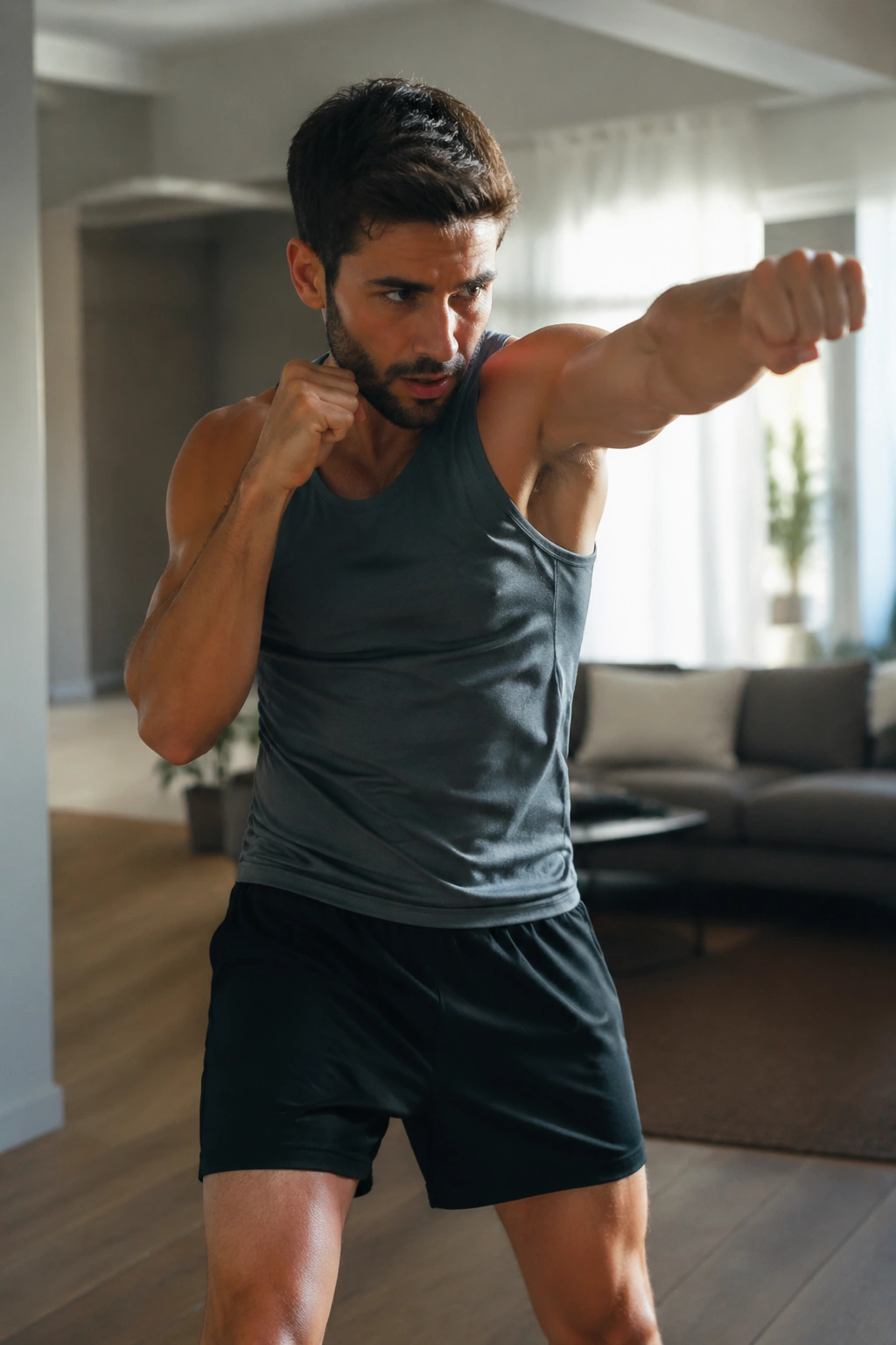 Real person shadow boxing indoors