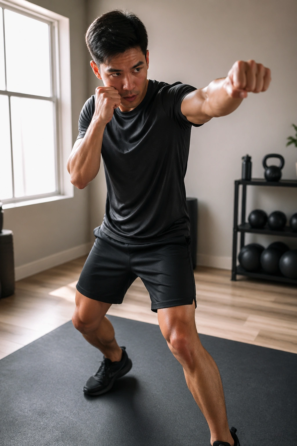 Real person shadowboxing in a bright home gym, fists up