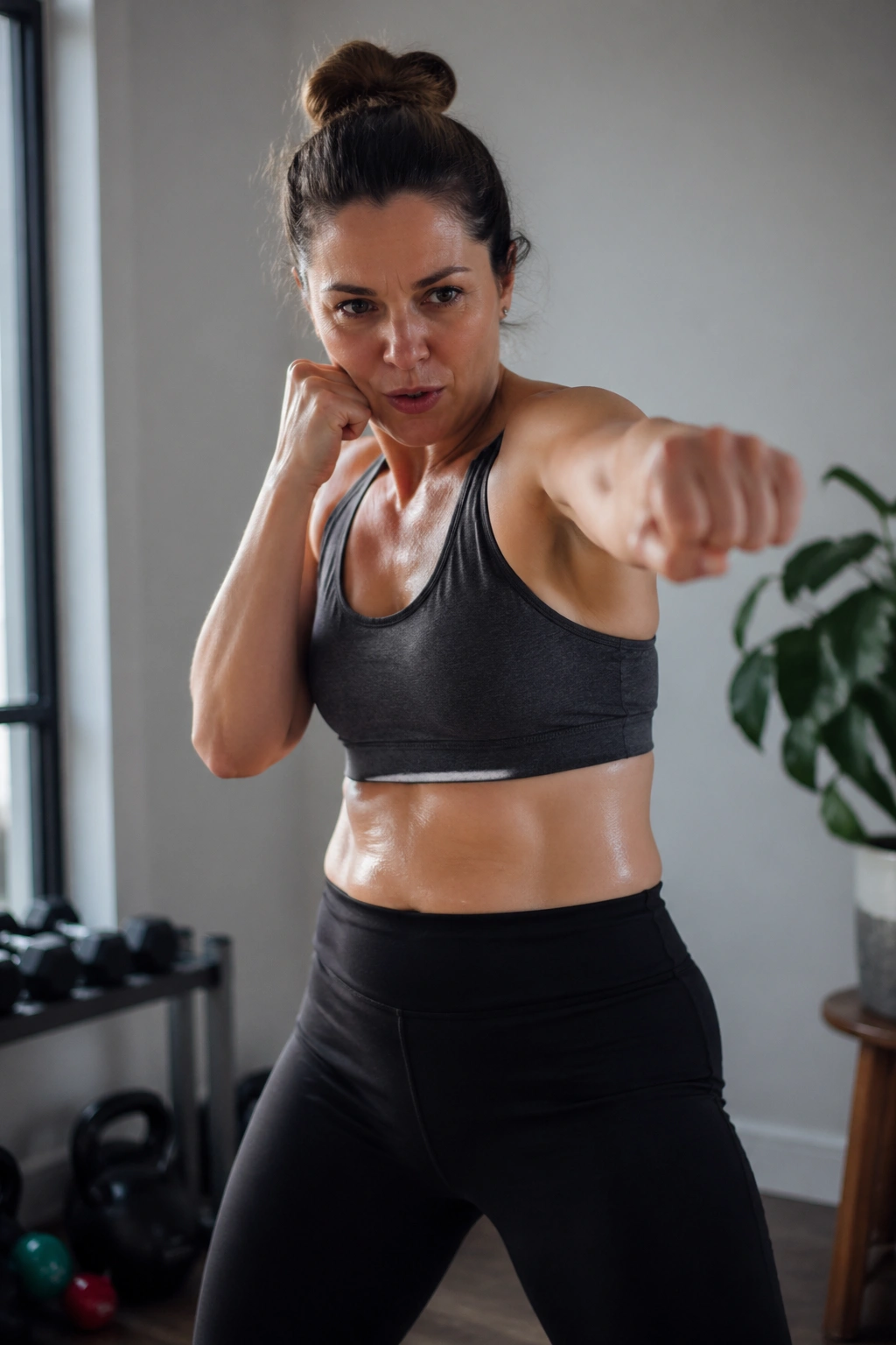 Medium close-up of a woman shadow boxing in a bright home gym