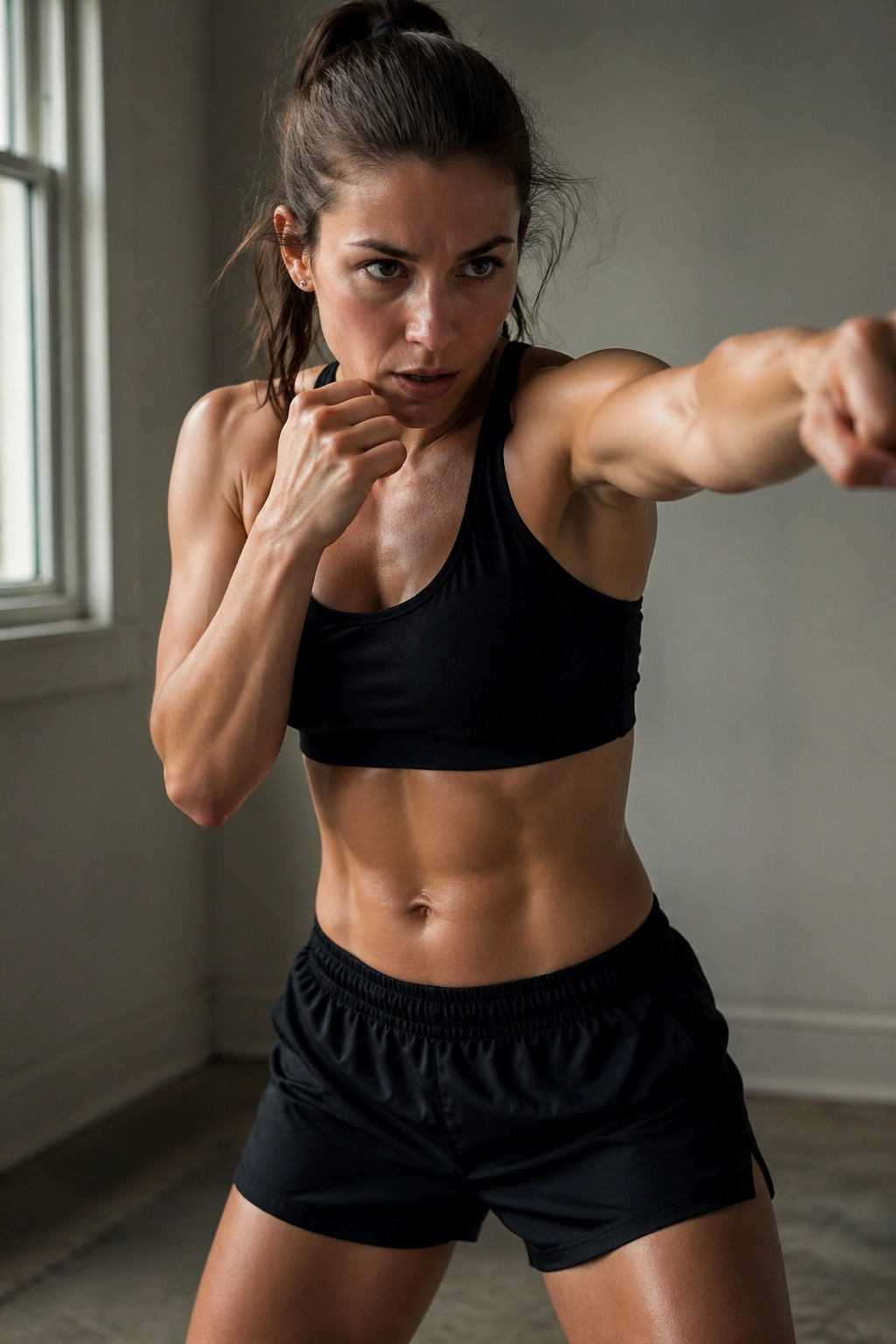 Real person shadow boxing in a small space with focused expression