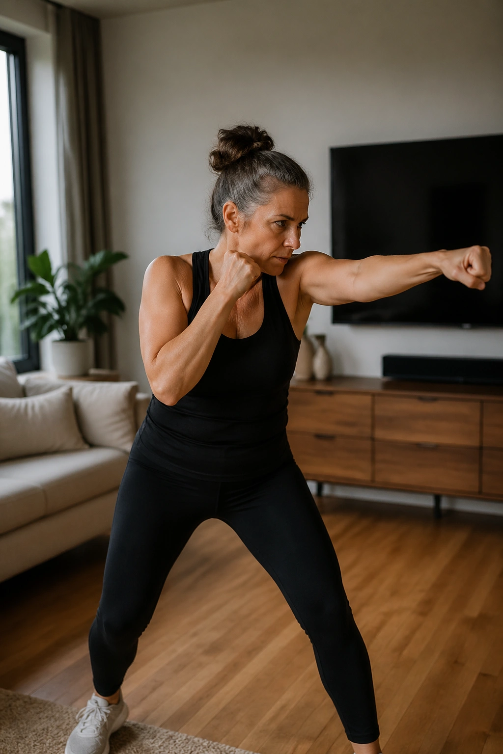 Woman shadow boxing in a living room during cardio session