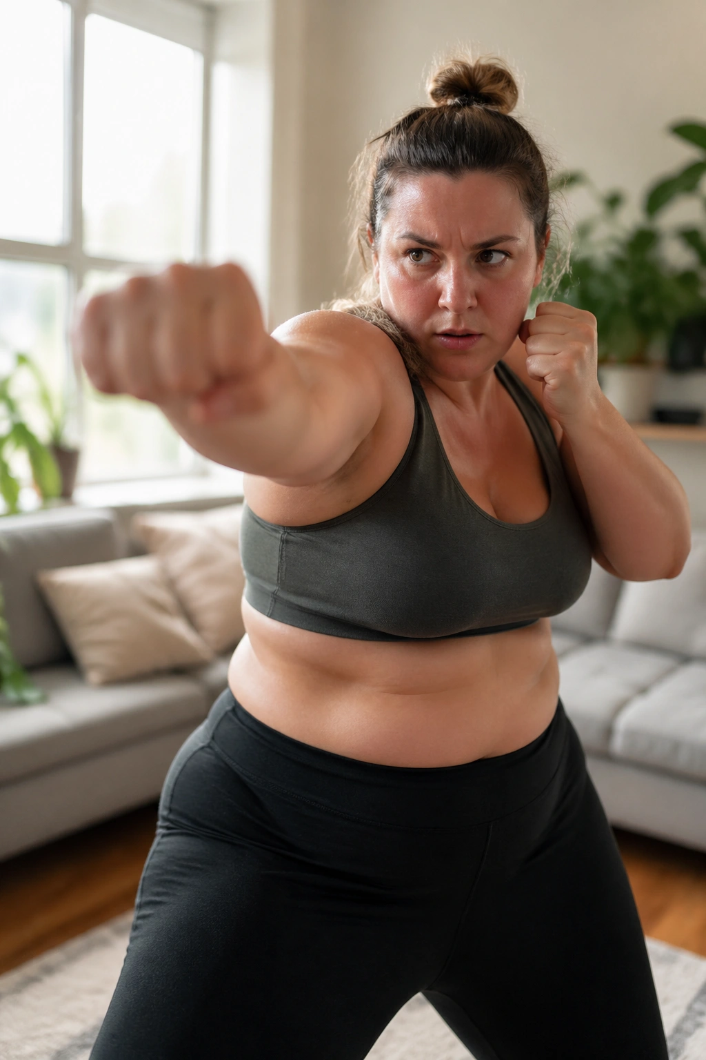 Close-up of a real person shadow boxing in a sunlit living room, fists and upper body in focus