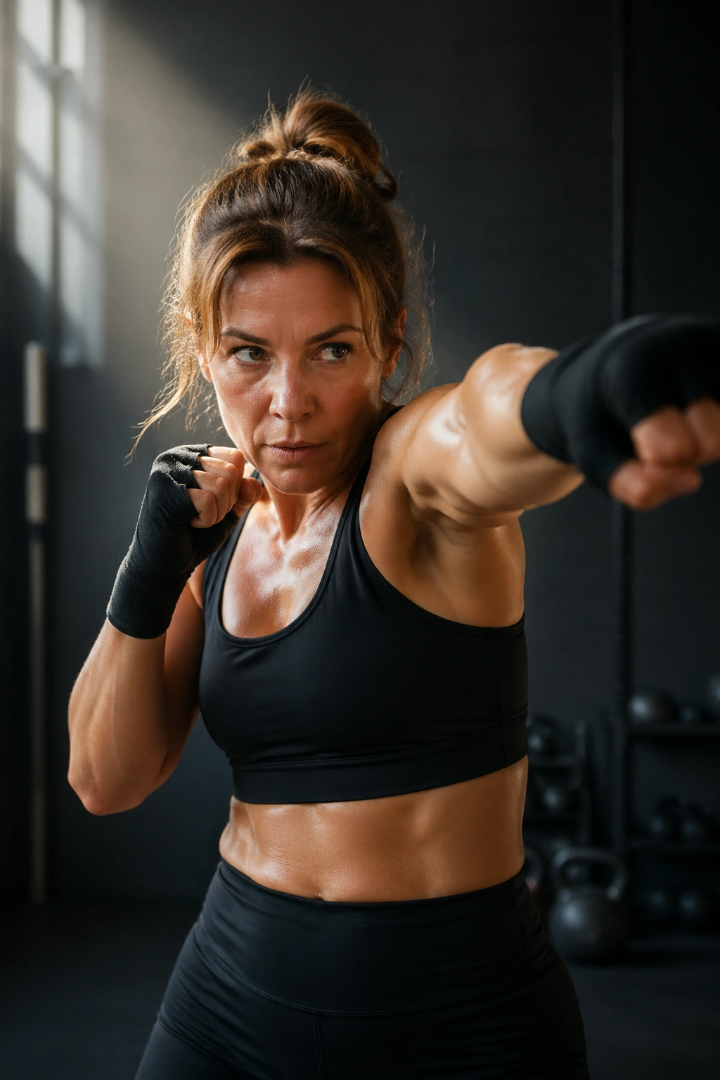 Person shadow boxing in a gym, punching with torso rotation