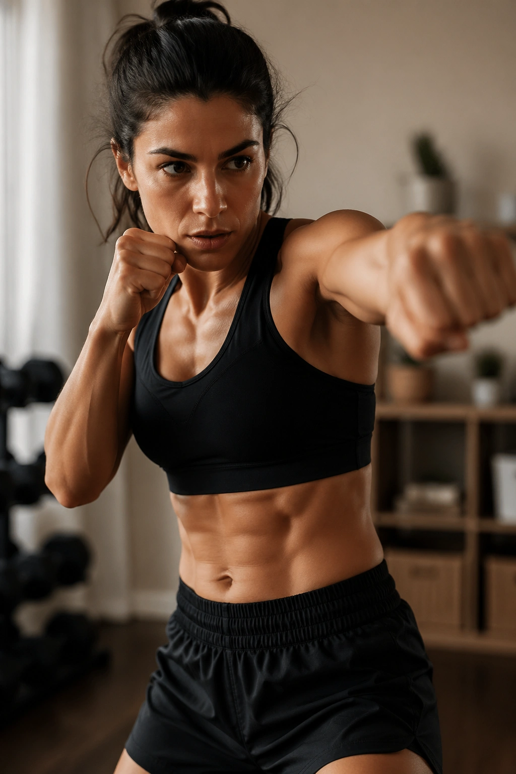 Close-up of a person shadow boxing with core rotation in a home gym