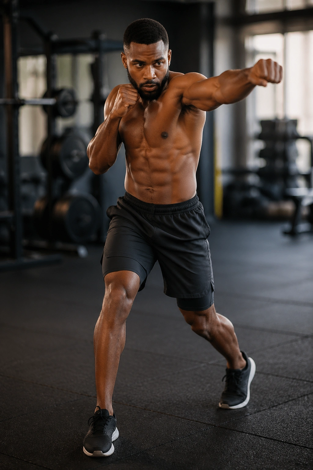 Close-up of a person shadowboxing in a gym, mid-punch with focused expression