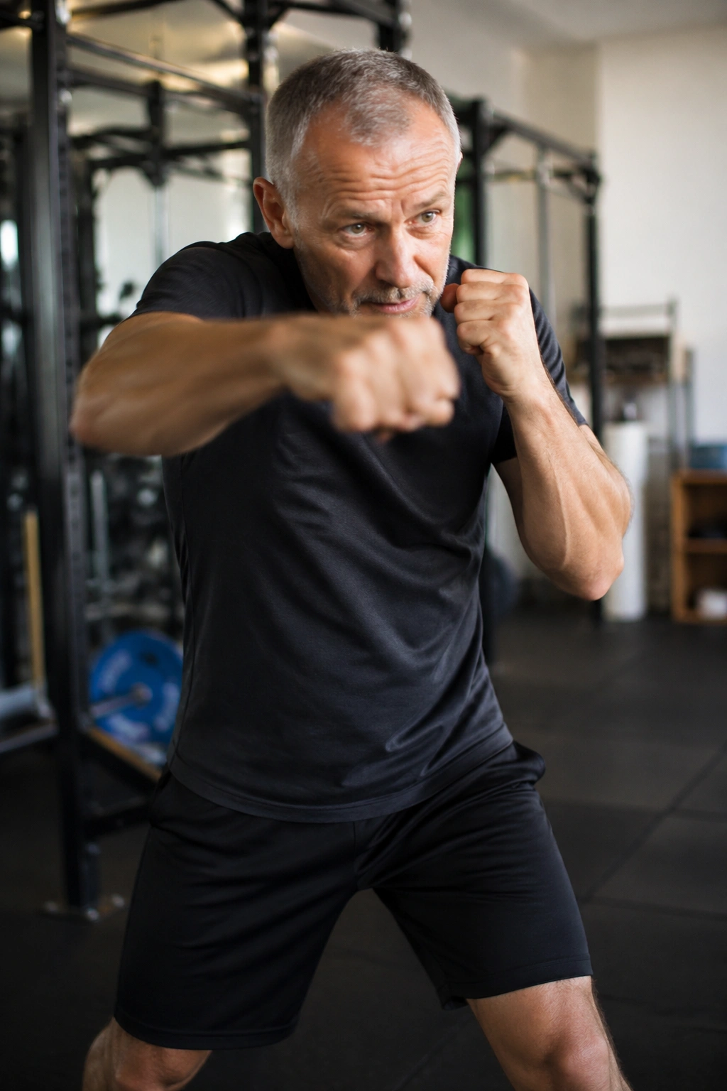 Person shadowboxing in a gym with focused expression