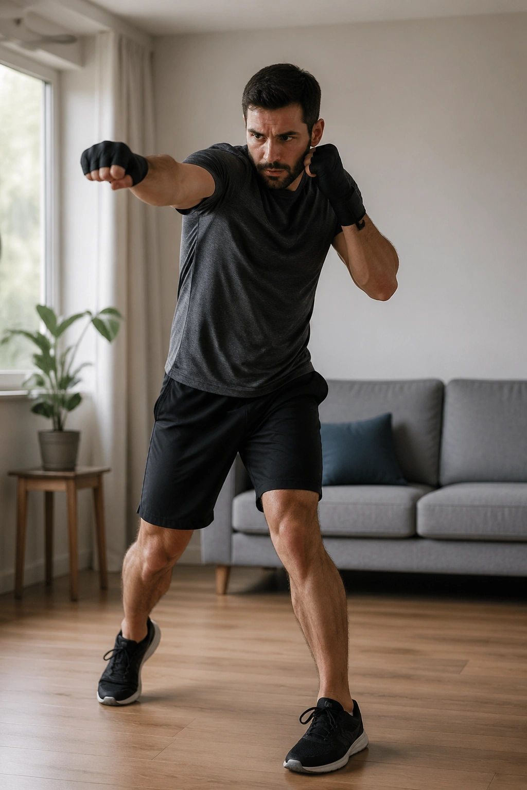 Person shadow boxing in a living room with fluid motion