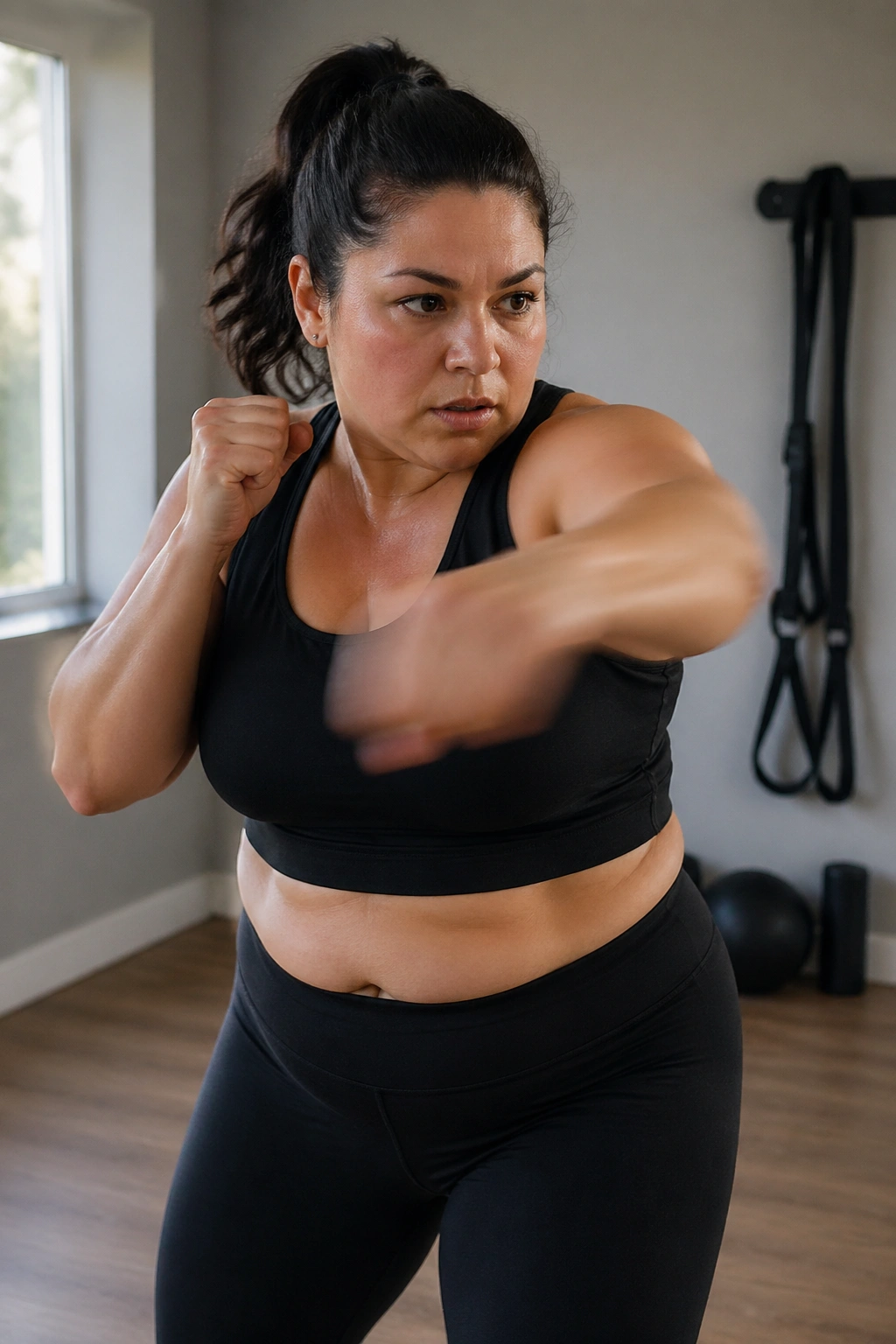 Close-up of a woman shadow boxing in a small home gym.