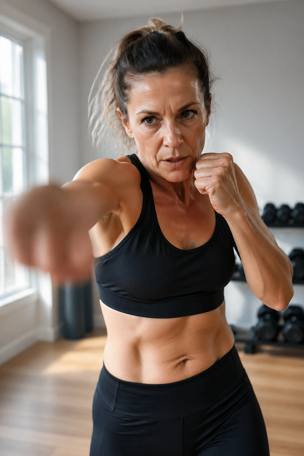 Medium close-up of a real woman shadow boxing in a bright home gym